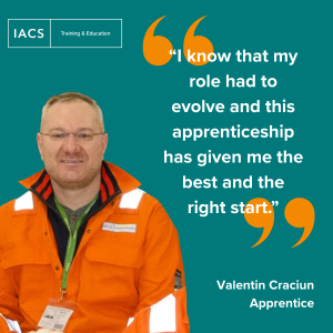An image of Valentine Crucian on a teal background which also has the text on: "I know that my role had to evolve and this apprenticeship has given me the best and right start."