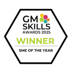 A winners logo with the GM Skills Awards 2025 logo on, the words 'winner' in big letters, with the category underneath which is presented in a hexagon.