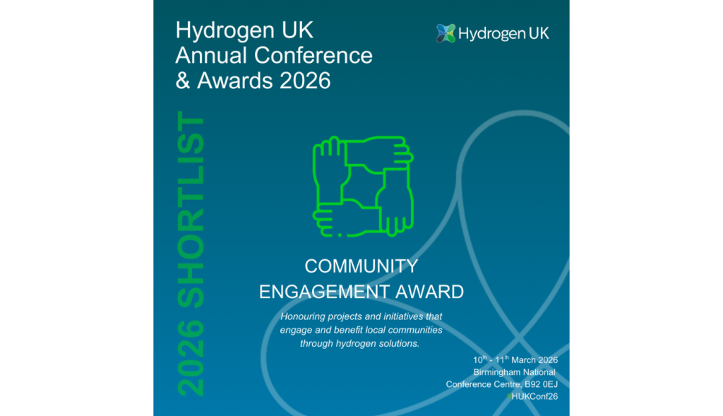 An image that features a visual highlighting that IACS have bee shortlisted in the community engagement award at the Hydrogen UK Annual Conference & Awards. The visual is teal with writing on it explaining this.